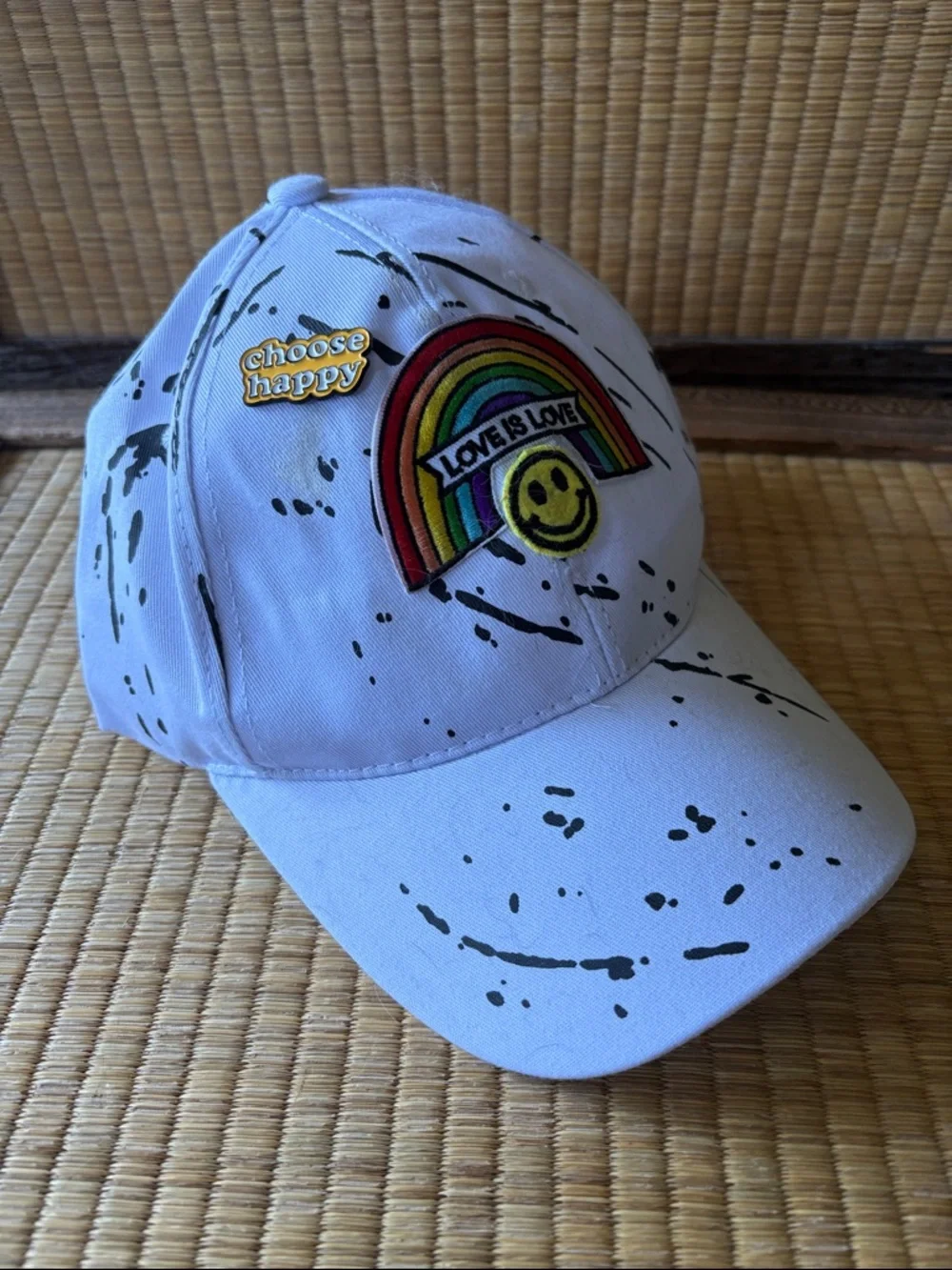 🌟 OOAK: Hand Crafted White Baseball Cap w/ 🌈'Love Is Love' Patch & Choose Happy